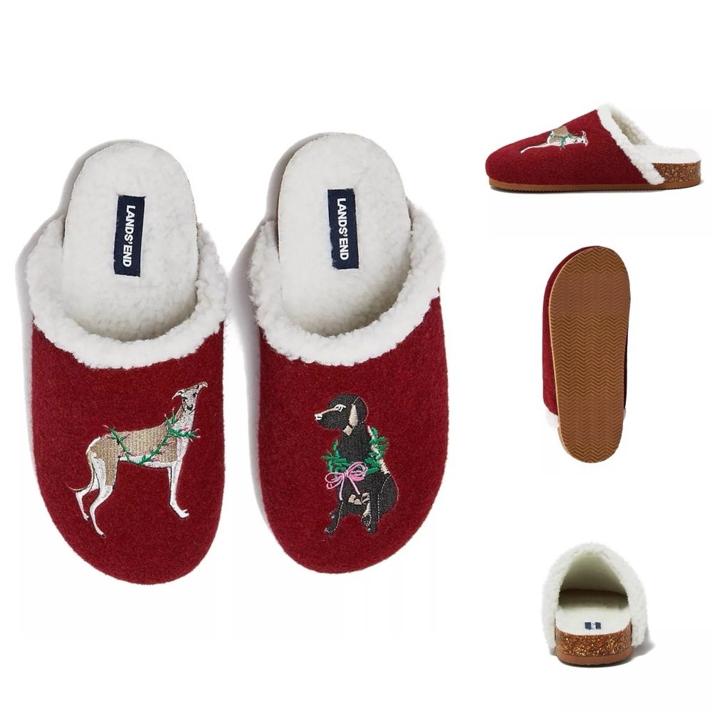 Lands' End Women's Sherpa Lined Clog House Slippers Burgundy Multi Dogs